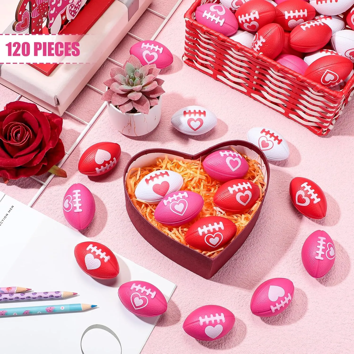 Classroom Birthday Supplies(Red, White, Rose Red) 120 Pcs Valentine Football Stress mermaid Balls 1. 57'' Mini Football Squeeze Balls Bulk Valentines Gift Foam Toy Party Favors for Kid School 