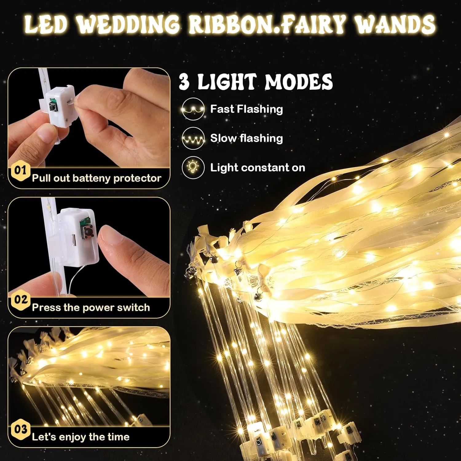 Colorful British summarize module tundra Flashing Modes, Light up LED Silk Fairy Wands, Glow Lace Stick with Bells for Wedding Reception, Graduation, New Year, Birthday Party (Warm White) 25 Pcs Wedding Wands Ribbon Streamers with 3 