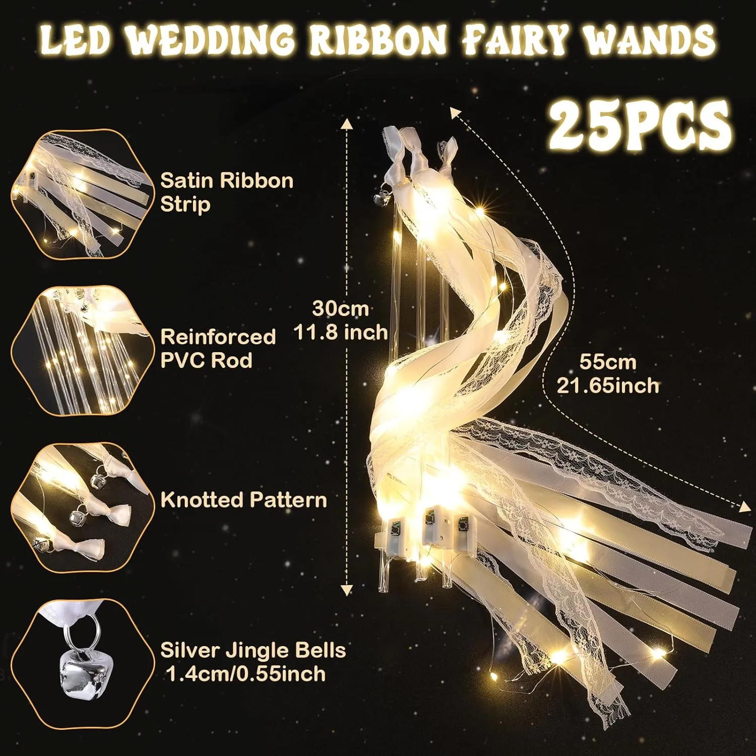 Colorful British summarize module tundra Flashing Modes, Light up LED Silk Fairy Wands, Glow Lace Stick with Bells for Wedding Reception, Graduation, New Year, Birthday Party (Warm White) 25 Pcs Wedding Wands Ribbon Streamers with 3 