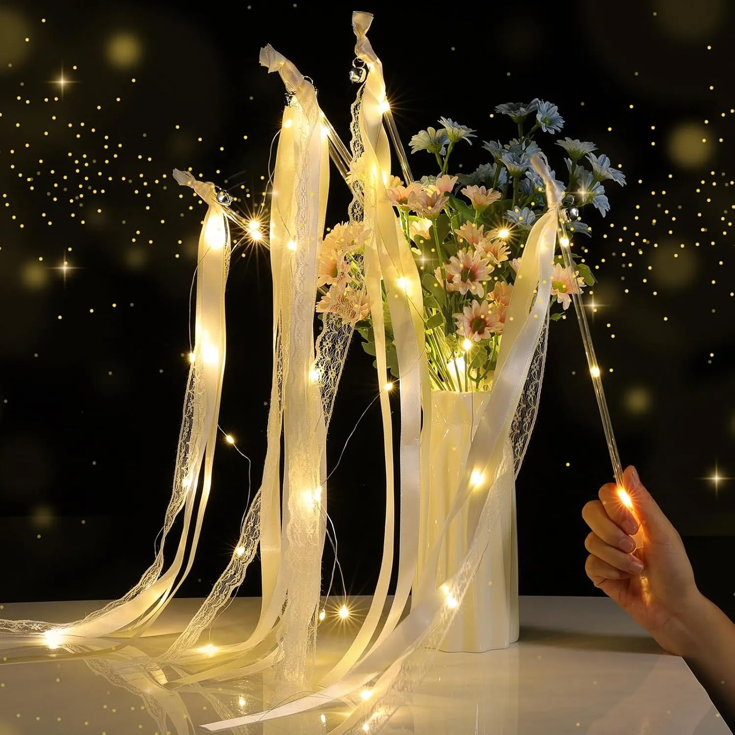 Colorful British summarize module tundra Flashing Modes, Light up LED Silk Fairy Wands, Glow Lace Stick with Bells for Wedding Reception, Graduation, New Year, Birthday Party (Warm White) 25 Pcs Wedding Wands Ribbon Streamers with 3 
