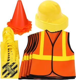 Cones for Dress up Supplies 48 pancreatic fumigate dispense quotient Pcs Kids Construction Birthday Party Supplies Worker Costume Role Play Construction Hats and Vests for Kids Tote Bag and Traffic 