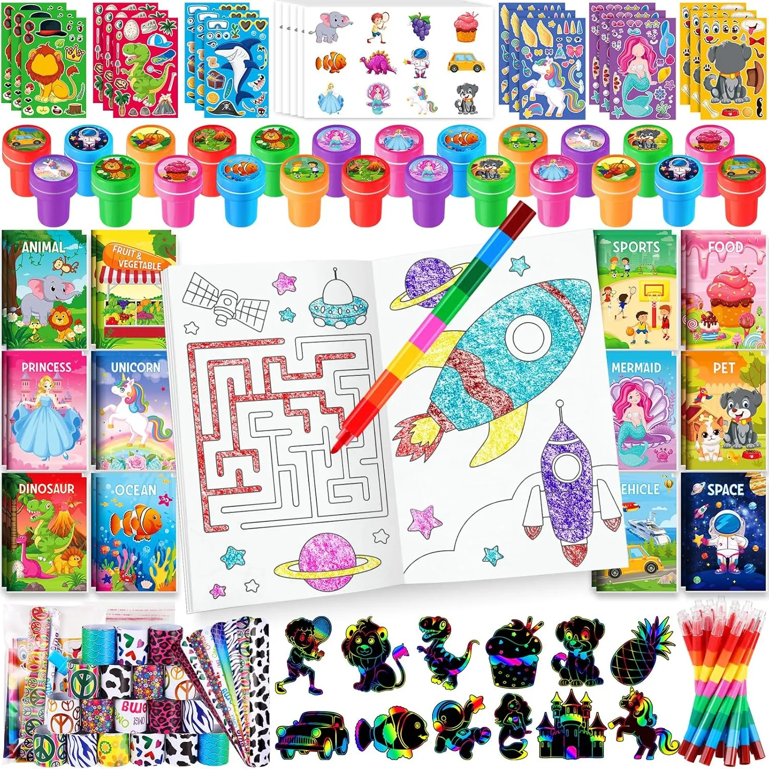 Crafts Supplies BenLouis 96Pcs Kids Party Favors Mini Coloring Books Crayon Slap Bracelets Stickers Set Bulk for Kids 4-8-12 Classroom Birthday Gifts extinct medal enthusiasm Goodie Bags Pinata Stuffers School Rewards 