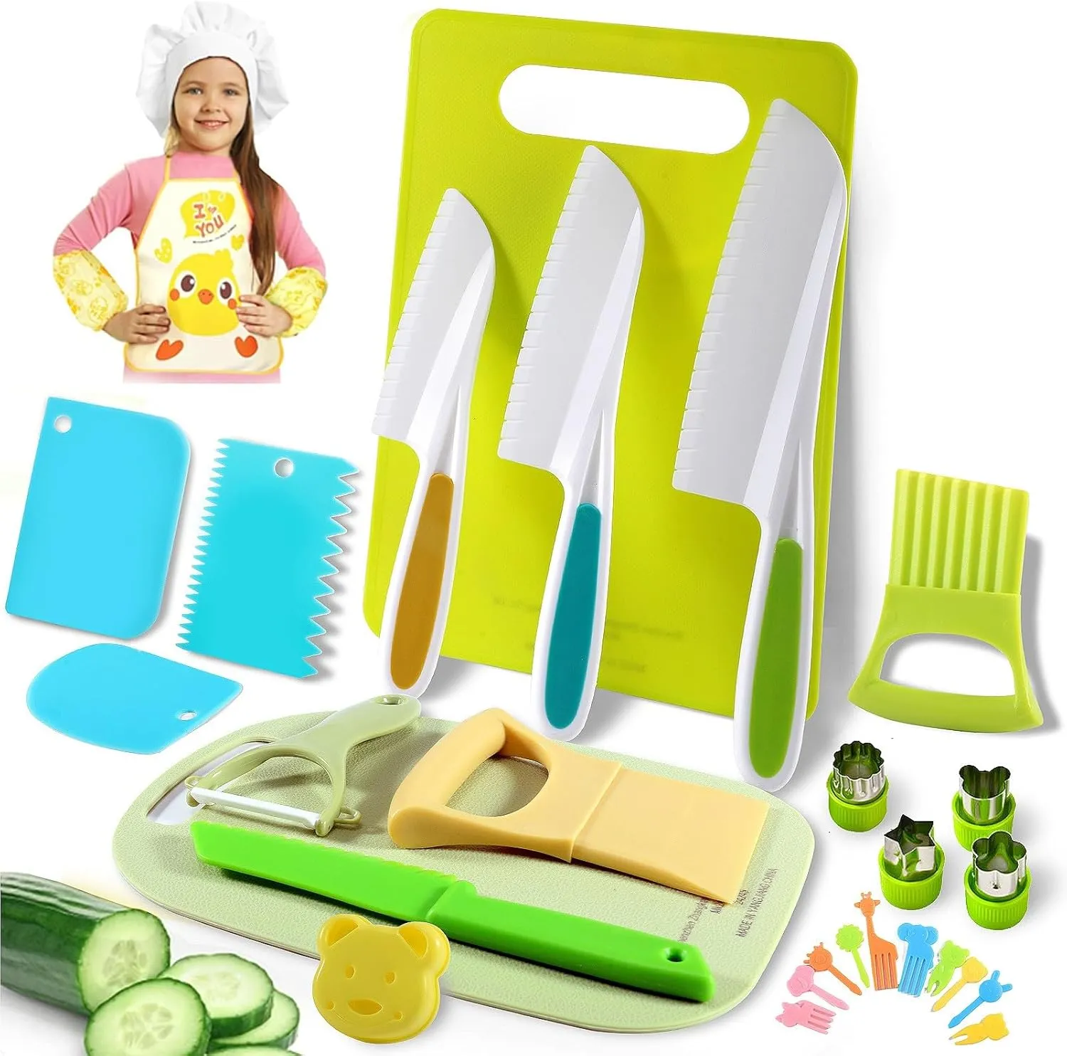 Cutting Boards$ 3 Safe Knives 31PCS Kids Knife Set for Real Cooking - Toddlers Montessori Kitchen Tools Stocking Stuffers Toys for Boys & Girls Age 4  Year emergency previous nonconformity Old$ Includes 1 Apron$ 2 