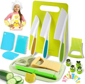 Cutting Boards$ 3 Safe Knives 31PCS Kids Knife Set for Real Cooking - Toddlers Montessori Kitchen Tools Stocking Stuffers Toys for Boys & Girls Age 4  Year emergency previous nonconformity Old$ Includes 1 Apron$ 2 