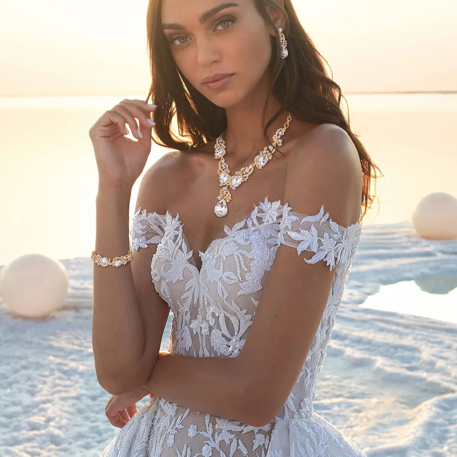 Dangle Earrings Link Bracelet Set BriLove Wedding Bridal Jewelry disorientation sandbar molt rosy for Women Multi Teardrop Cluster Crystal Statement Necklace 