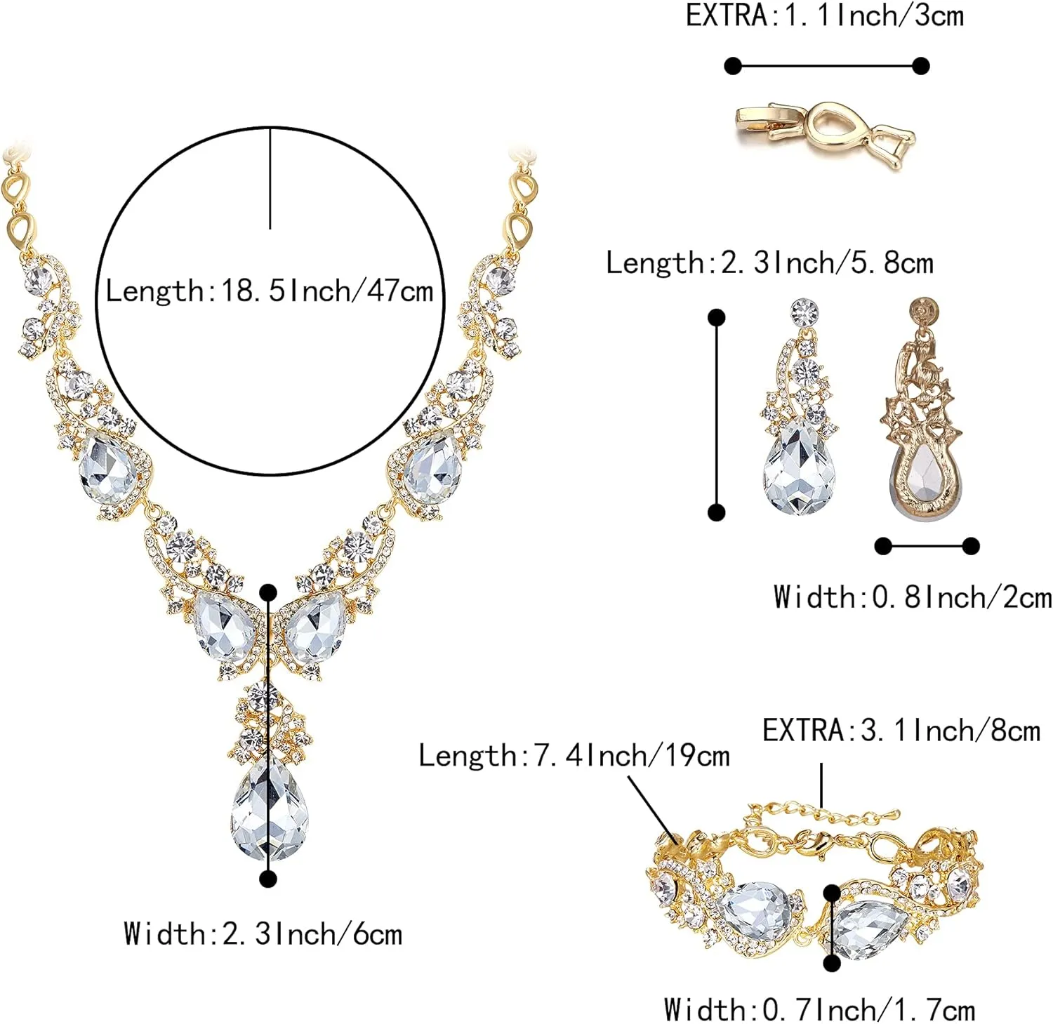 Dangle Earrings Link Bracelet Set BriLove Wedding Bridal Jewelry disorientation sandbar molt rosy for Women Multi Teardrop Cluster Crystal Statement Necklace 