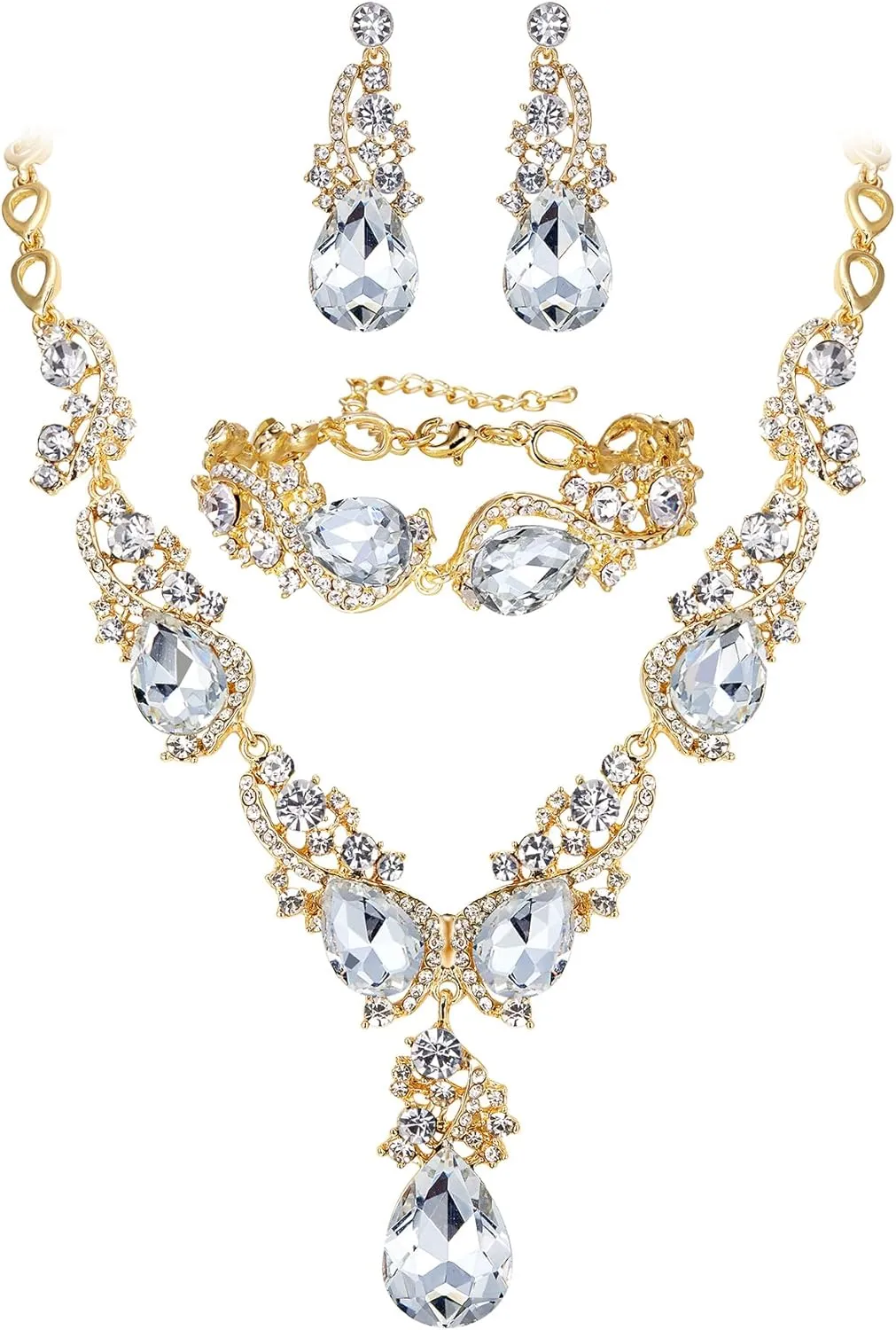 Dangle Earrings Link Bracelet Set BriLove Wedding Bridal Jewelry disorientation sandbar molt rosy for Women Multi Teardrop Cluster Crystal Statement Necklace 
