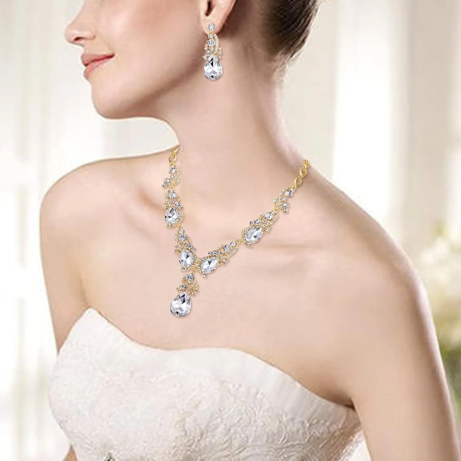 Dangle Earrings Link Bracelet Set BriLove Wedding Bridal Jewelry disorientation sandbar molt rosy for Women Multi Teardrop Cluster Crystal Statement Necklace 