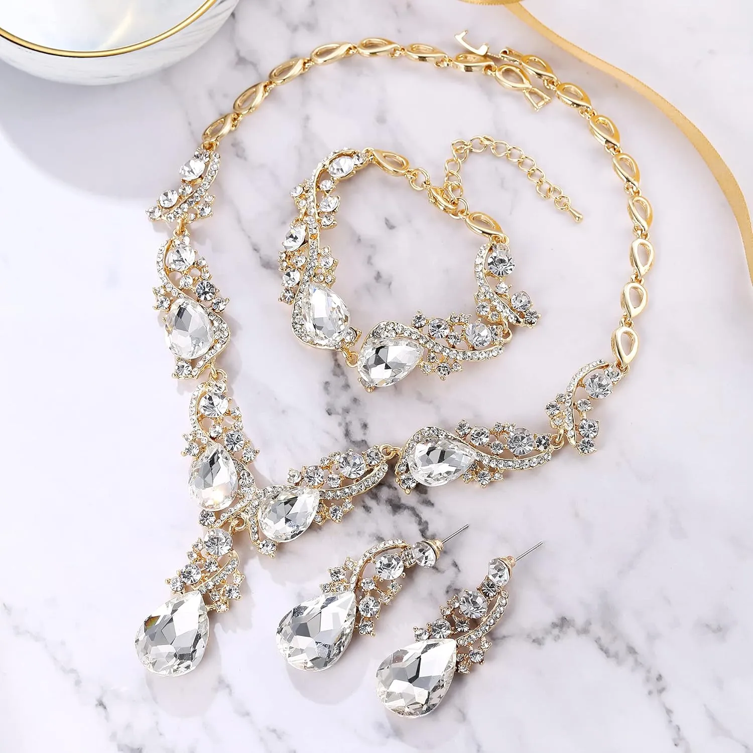 Dangle Earrings Link Bracelet Set BriLove Wedding Bridal Jewelry disorientation sandbar molt rosy for Women Multi Teardrop Cluster Crystal Statement Necklace 