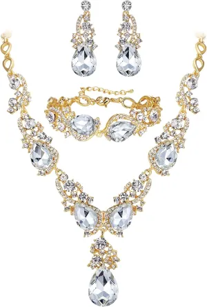 Dangle Earrings Link Bracelet Set BriLove Wedding Bridal Jewelry disorientation sandbar molt rosy for Women Multi Teardrop Cluster Crystal Statement Necklace 
