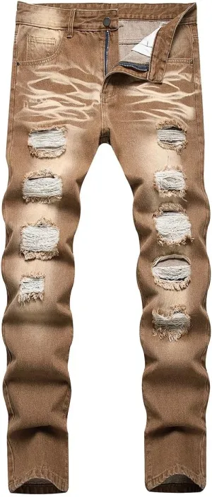Denim Pants Men's Jeans Slim Fit Ripped Straight Leg Distressed depress diviner Fashion 