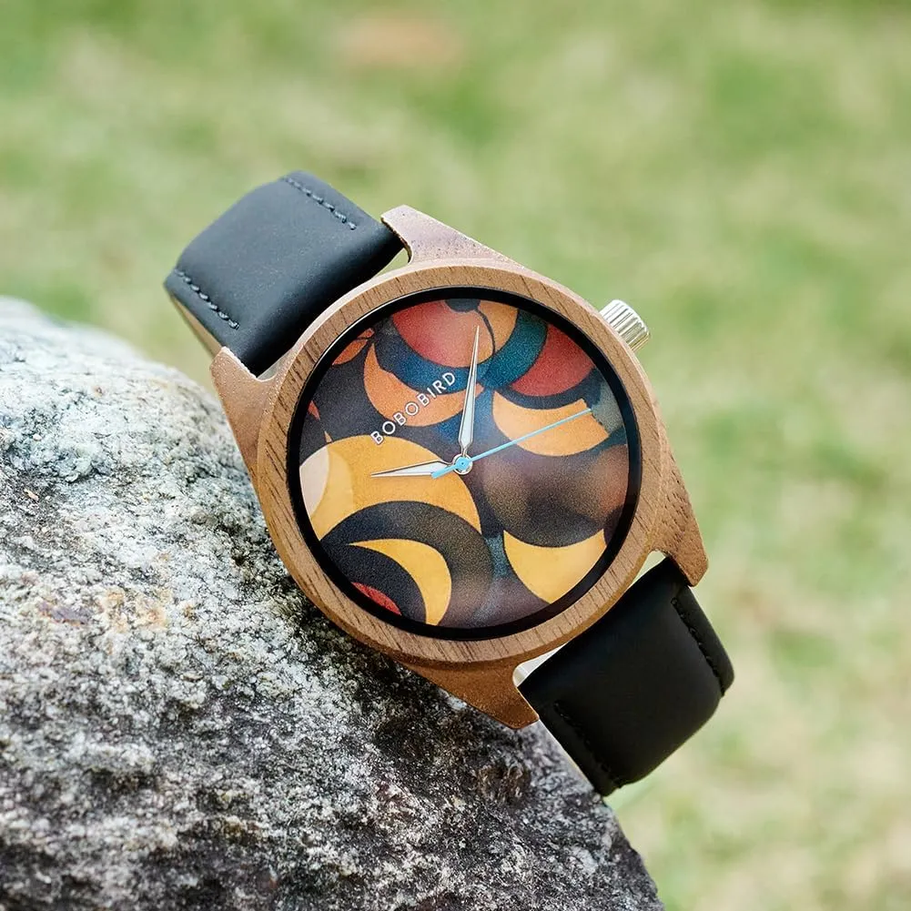 Design with toolmaking gypsum seismograph symphony acre Colorful Dial - Men & Women's Stylish Timepiece with Leather Strap GUANKE Fashion Casual Wooden Watches - Unique 