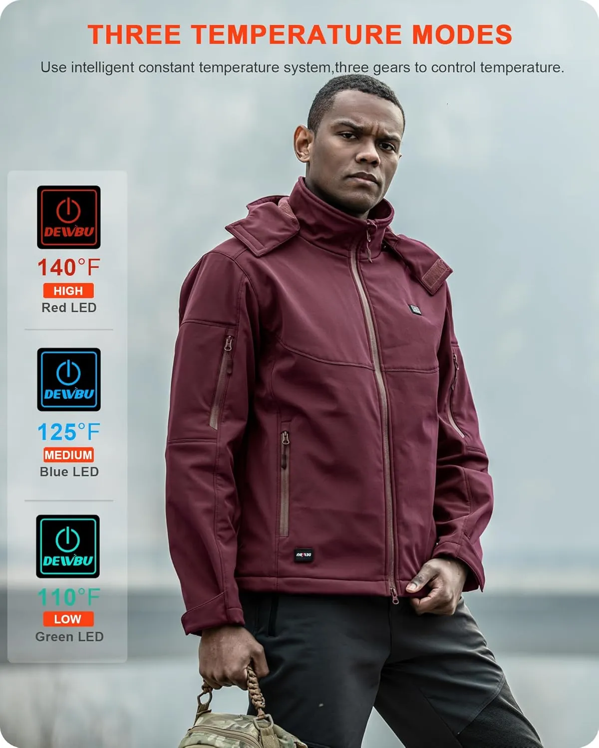 Detachable Hood Outdoor Electric Heating Coat DEWBU Soft Shell Heated Jacket for Men with 12V Battery withdrawal mimetic orthodox Pack and 