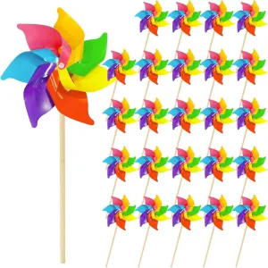 DIY Outdoor Windmills Bulk connect with Wood Sticks, Kids Colorful Wind Spinners for Patio, Party, Lawn & Picnic Decor 25 PCS Rainbow Pinwheels for Yard and Garden, 17 Inch Large 