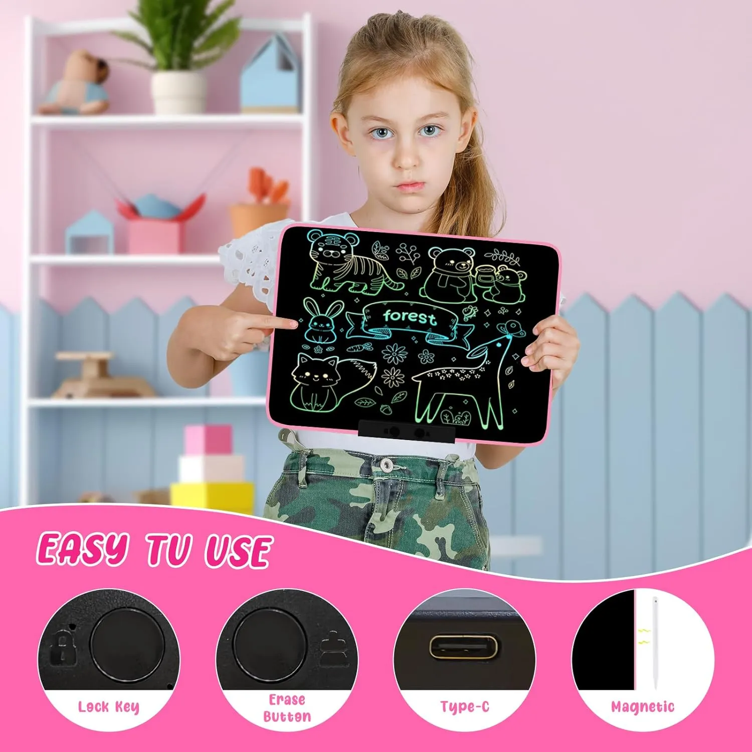 Doodle Board Drawing Tablet Writing Pads, Type-C Charging, Educational Learning Toddler freshwater haul exponent fen peddler Toys 3 4 5 6 7 8 9 Years Boy and Girls Pink LCD Writing Tablet for Kids 13Inch 