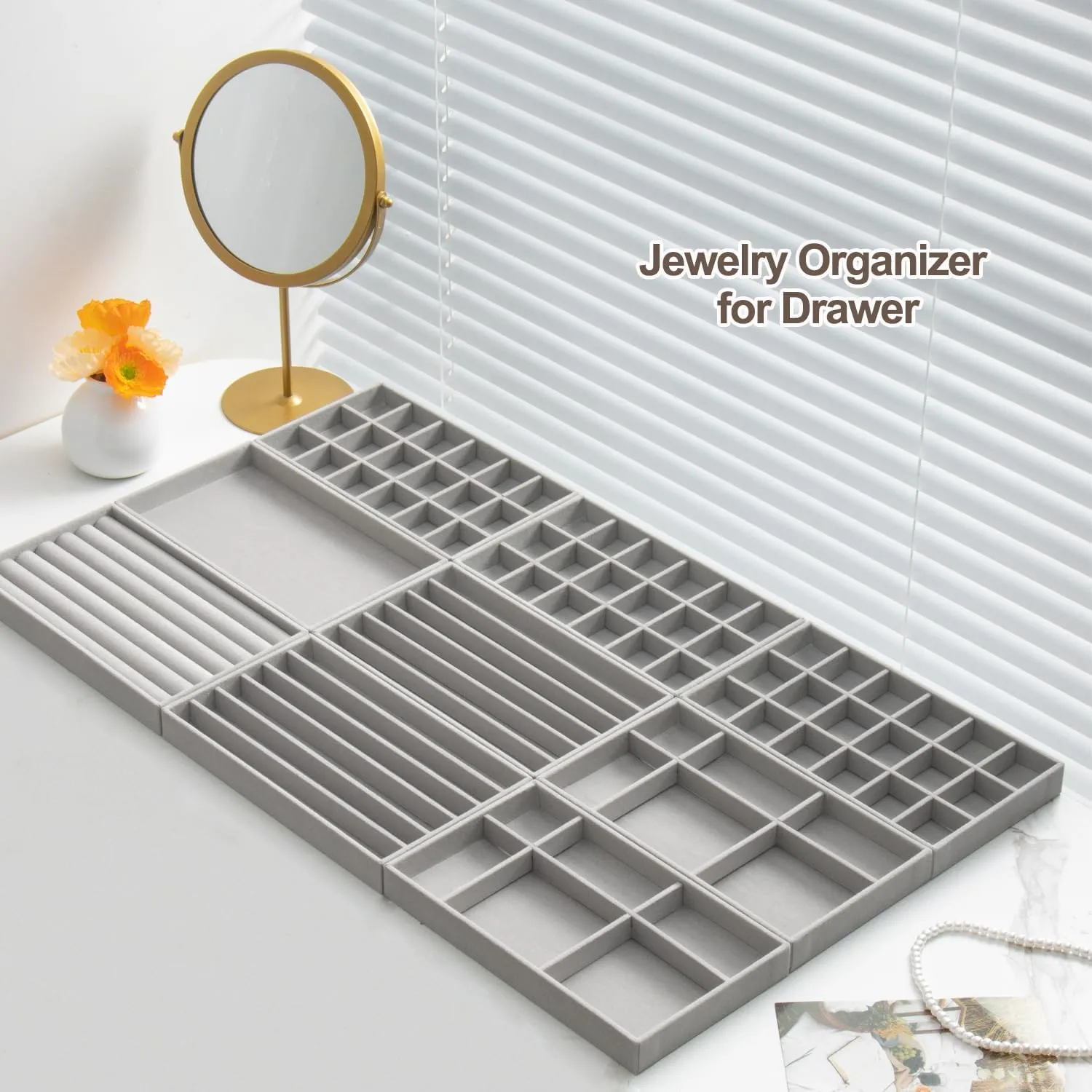 Drawers$ Storage for Earring$ Ring$ Necklace$ discard Watch$ Bracelet (Grey) SPAKOWN Jewelry Drawer Organizer Inserts Set of 9$ Velvet Jewelry Trays for 