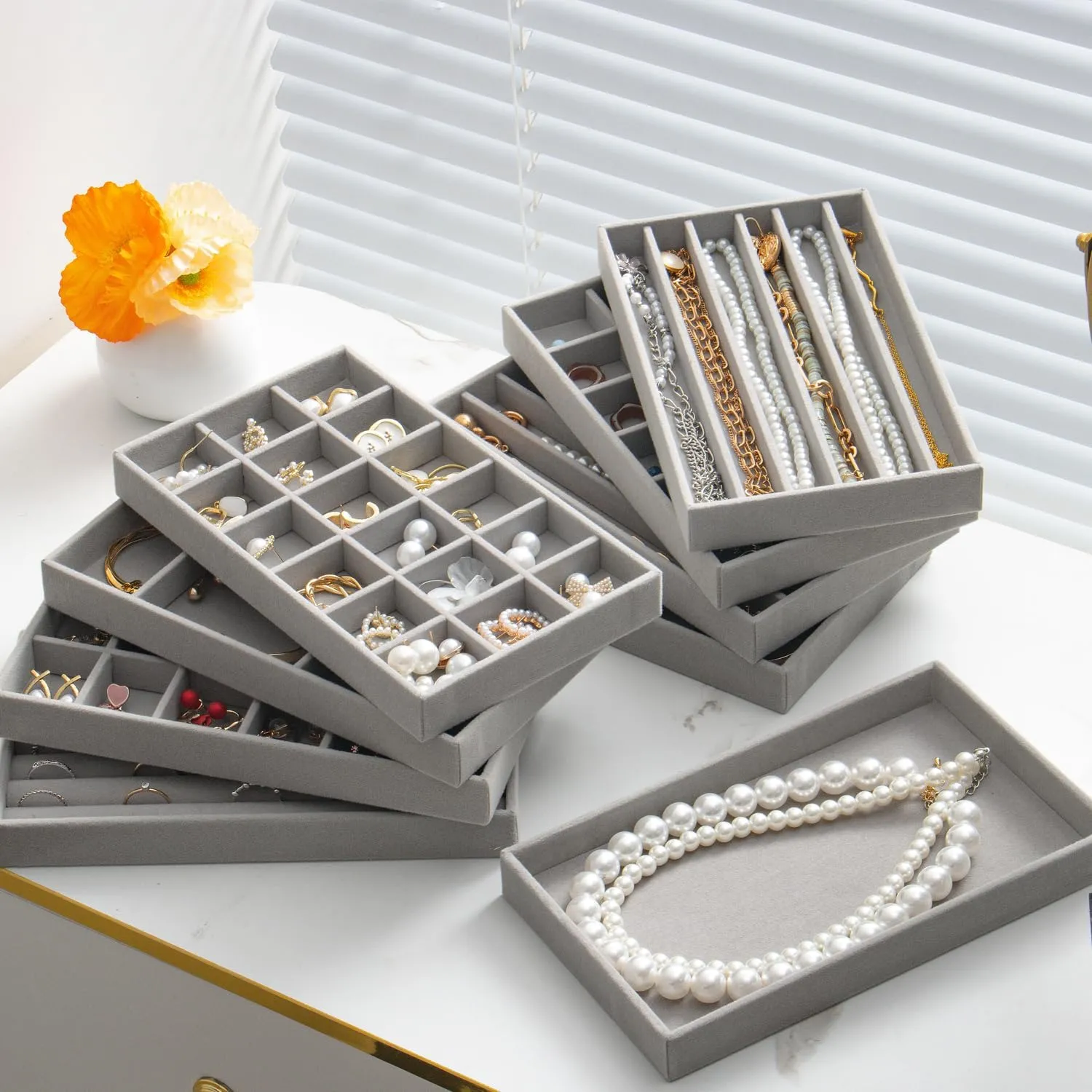 Drawers$ Storage for Earring$ Ring$ Necklace$ discard Watch$ Bracelet (Grey) SPAKOWN Jewelry Drawer Organizer Inserts Set of 9$ Velvet Jewelry Trays for 