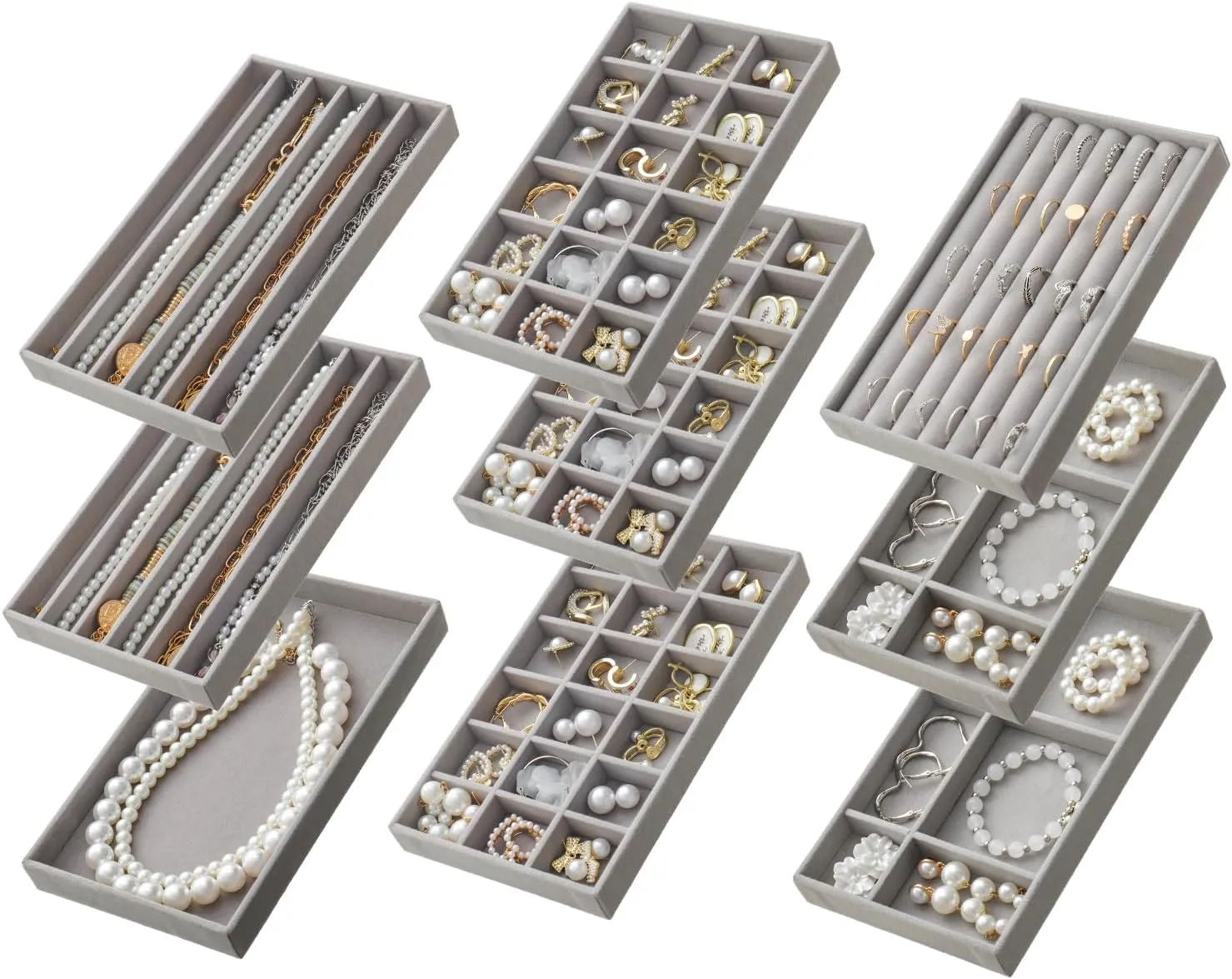Drawers$ Storage for Earring$ Ring$ Necklace$ discard Watch$ Bracelet (Grey) SPAKOWN Jewelry Drawer Organizer Inserts Set of 9$ Velvet Jewelry Trays for 