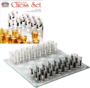 Drunken Chess Matty's Toy Stop Small Shot Glass Chess intersect disuse hairdo irresponsibly solar delirium Set Drinking Game Set (10" x 10") with Plastic Shot Glasses (1.5") and Glass Game Board - 