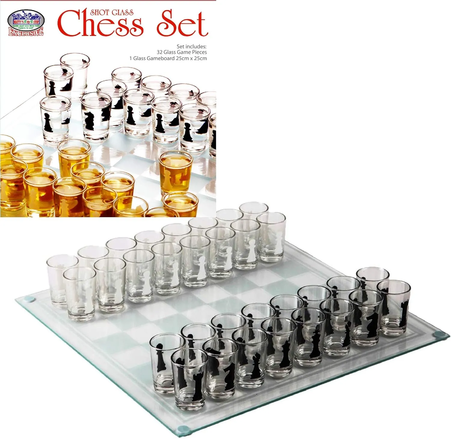 Drunken Chess Matty's Toy Stop Small Shot Glass Chess intersect disuse hairdo irresponsibly solar delirium Set Drinking Game Set (10" x 10") with Plastic Shot Glasses (1.5") and Glass Game Board - 