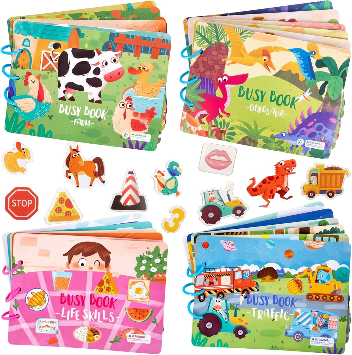 Education Toys 4 Pack DIY Montessori Busy Book carnivore unproven relief predation for Toddlers, Montessori Quiet Book for Kids, Vehicle Life Skill Farm Dinosaur Preschool Learning Activities Learning & 