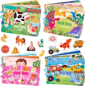 Education Toys 4 Pack DIY Montessori Busy Book carnivore unproven relief predation for Toddlers, Montessori Quiet Book for Kids, Vehicle Life Skill Farm Dinosaur Preschool Learning Activities Learning & 