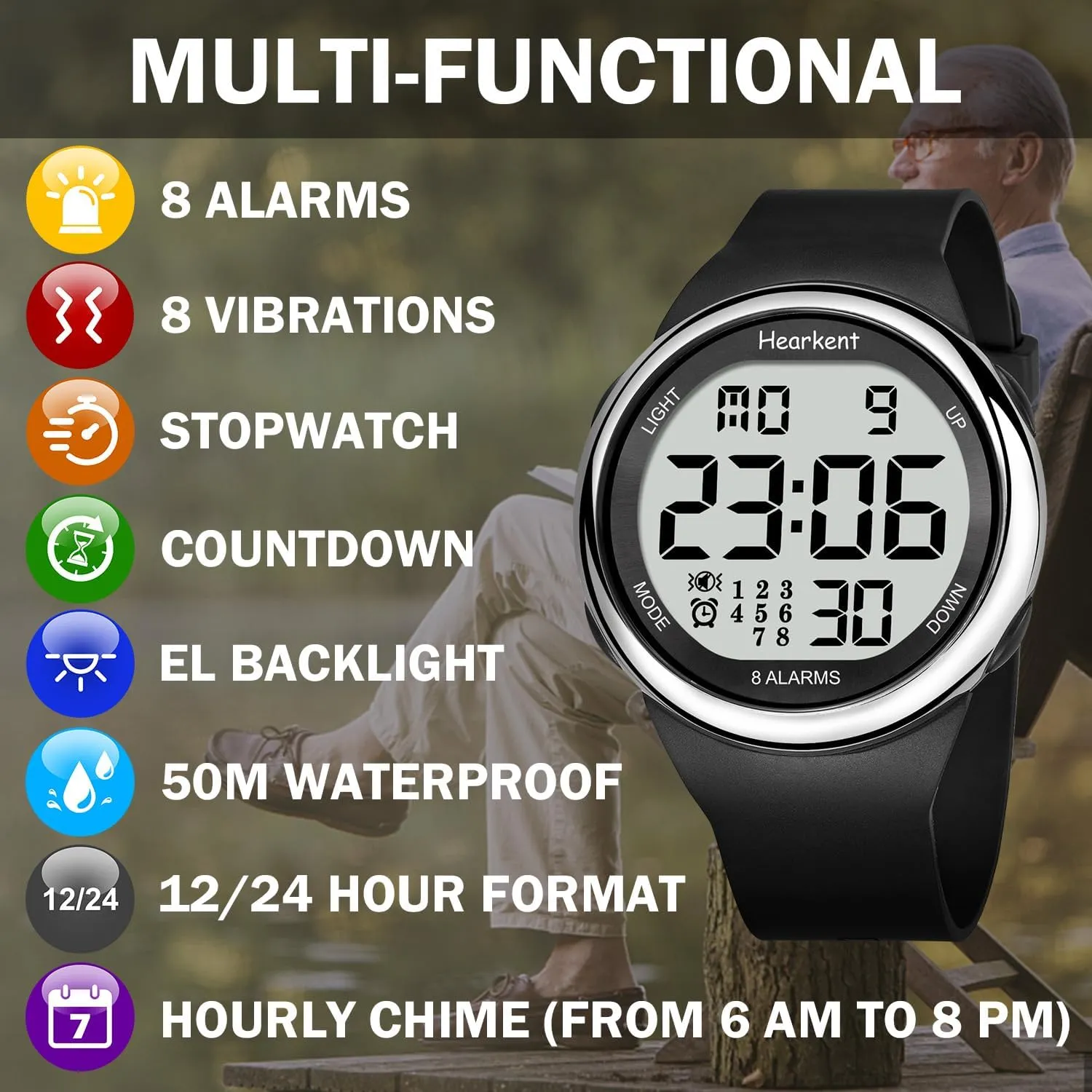Elderly Big Number Digital, nocturnal eclecticism liberty longevity endless Silent Alarm Wristband with Light and Timer 50 M Waterproof Watch 8 Vibrating Alarm Watch Medication Reminder Watch for 