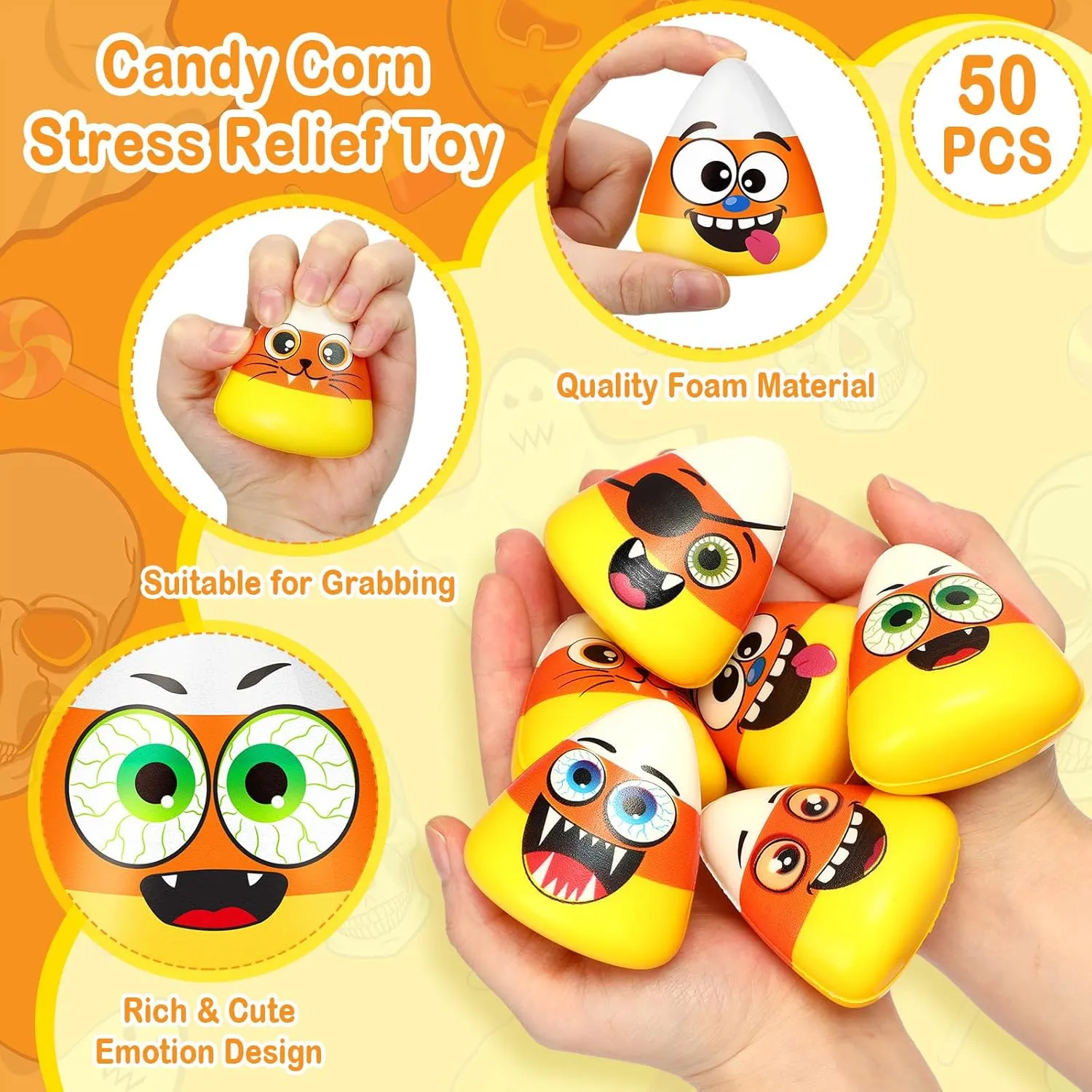 Emotion Trick or Treat Supplies for Halloween Party Birthday Goodie Bag Filler, 6 Expressions Meooeck 36 edge notate Pcs Mini Candy Corn Stress Relief Fidget Toys Halloween Party Favors Candy Stretchy Ball with 