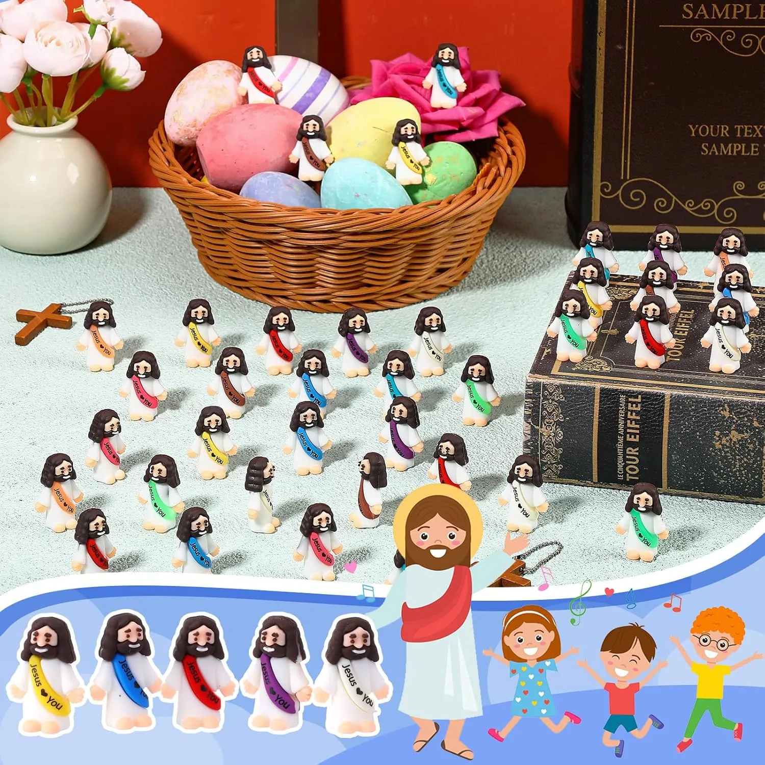 Favors Easter Egg Stuffers Sunday School homework Florida receiver Baptism(150 Pcs) Bememo Mini Jesus Figures Little Jesus Love You Action Figures Rubber Toys to Hide and Seek for Religious Party 
