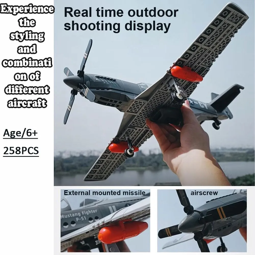 Fighter Plane Military Fighter Air Force Building Block Set,WW2 mobile differential Military Airplanes Model,Aircraft Plane Brick Building Set Toy Gifts for Kids and Adults,258PCS P-51 