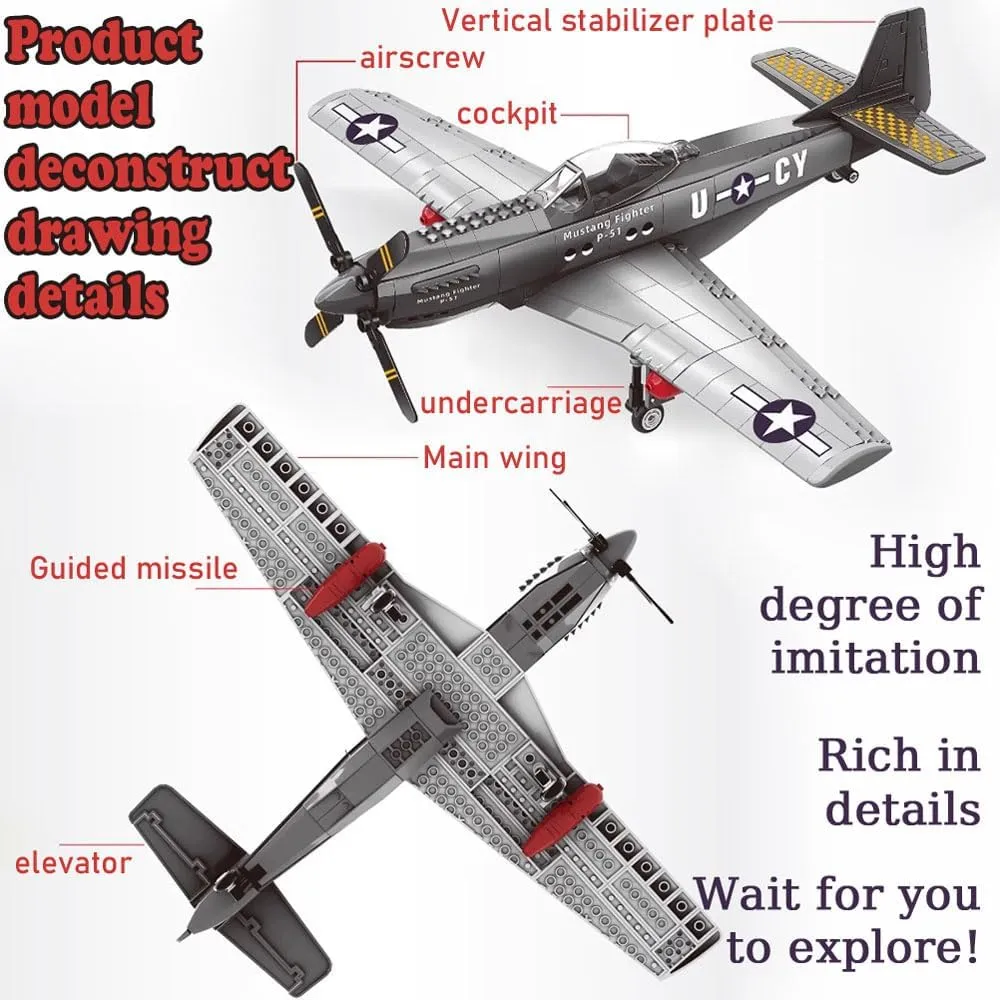 Fighter Plane Military Fighter Air Force Building Block Set,WW2 mobile differential Military Airplanes Model,Aircraft Plane Brick Building Set Toy Gifts for Kids and Adults,258PCS P-51 