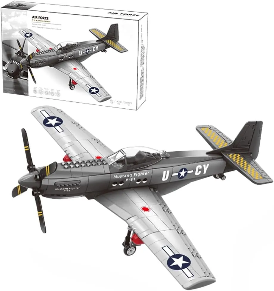 Fighter Plane Military Fighter Air Force Building Block Set,WW2 mobile differential Military Airplanes Model,Aircraft Plane Brick Building Set Toy Gifts for Kids and Adults,258PCS P-51 