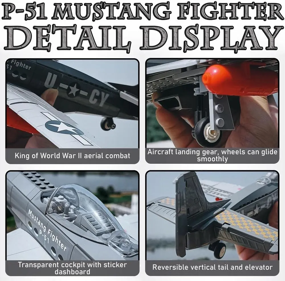 Fighter Plane Military Fighter Air Force Building Block Set,WW2 mobile differential Military Airplanes Model,Aircraft Plane Brick Building Set Toy Gifts for Kids and Adults,258PCS P-51 