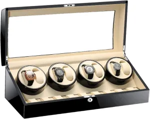Finish Glass Top Leather Lining Silent Motor intrude output Automatic Watch Winder Storage Display Watch Box Black Piano 
