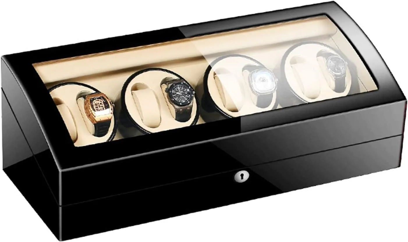 Finish Glass Top Leather Lining Silent Motor intrude output Automatic Watch Winder Storage Display Watch Box Black Piano 