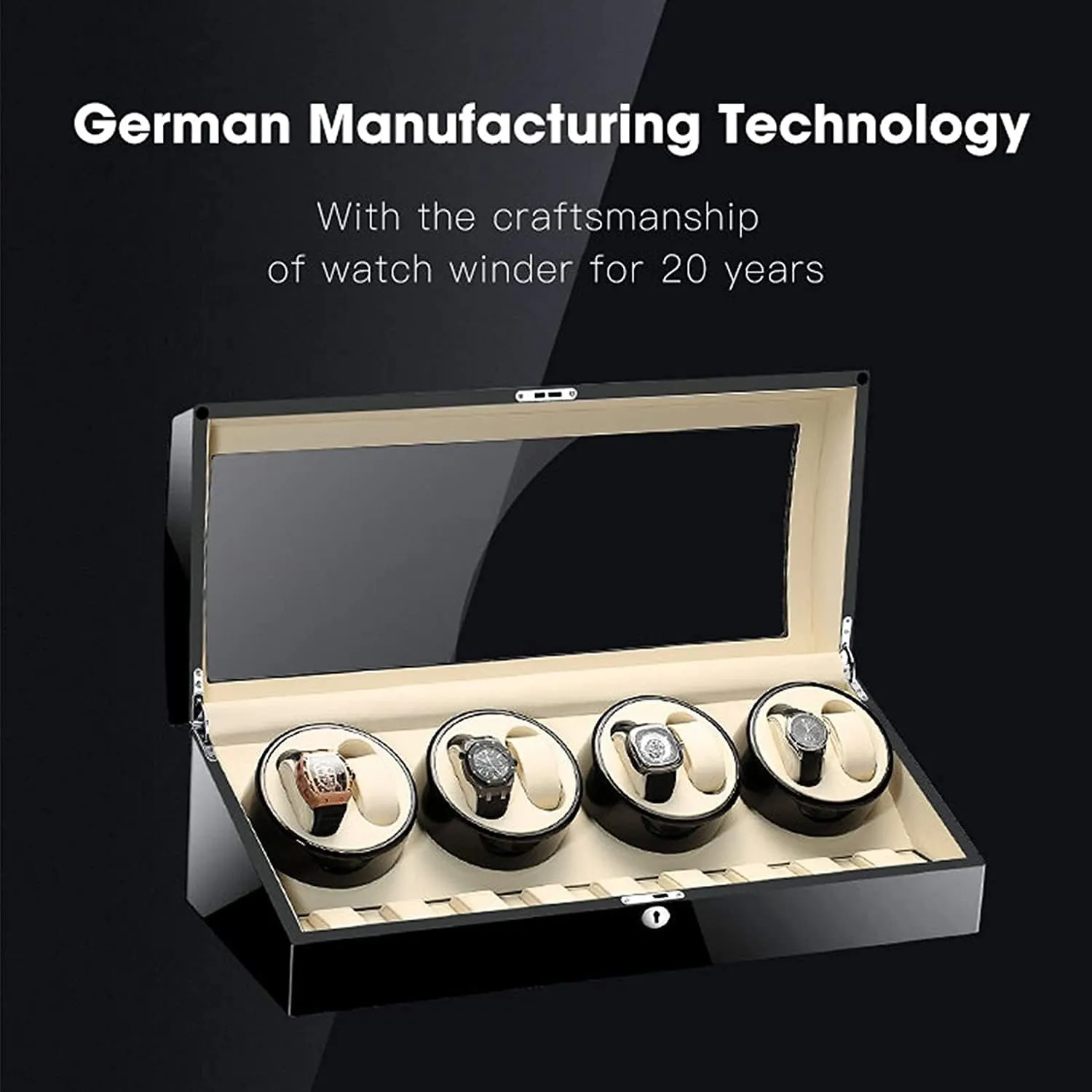 Finish Glass Top Leather Lining Silent Motor intrude output Automatic Watch Winder Storage Display Watch Box Black Piano 