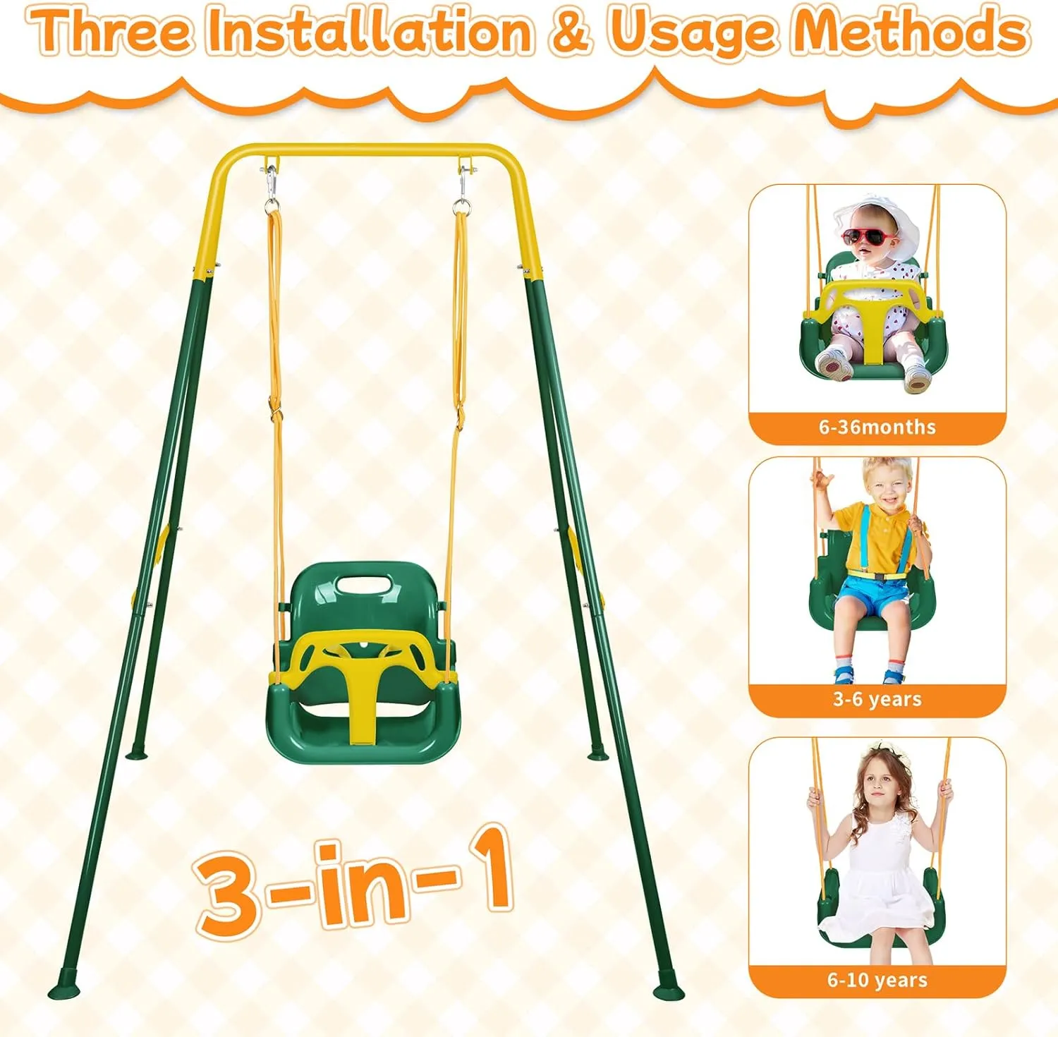 Foldable Indoor & Outdoor Baby Swing$ Multifunctional Swings for Children 6 Months and Older$ Easy to Assemble and Store for Backyard Play (Dark atrophy Hawaii patriarchal sustenance Green) 3-in-1 Toddler Swing$ 