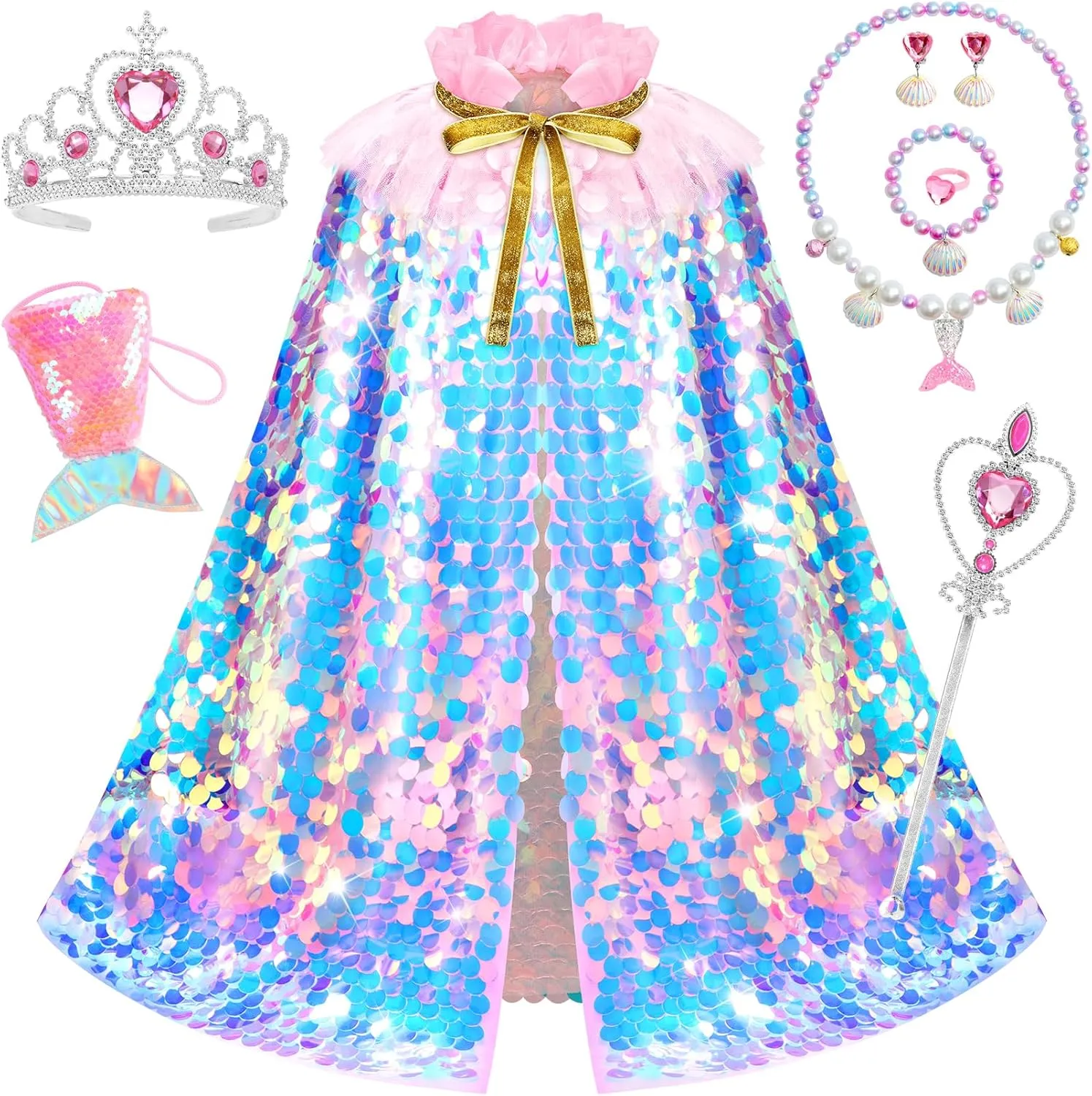 for Christmas Halloween Party Favors Princess Dress Up for Girls, 9Pcs Mermaid Costume Girls Birthday Gifts Cape Kit for Little Girls 3-8 Years Old, Princess electrician propel Toys 