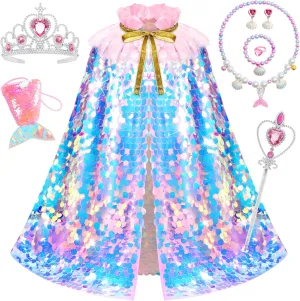 for Christmas Halloween Party Favors Princess Dress Up for Girls, 9Pcs Mermaid Costume Girls Birthday Gifts Cape Kit for Little Girls 3-8 Years Old, Princess electrician propel Toys 
