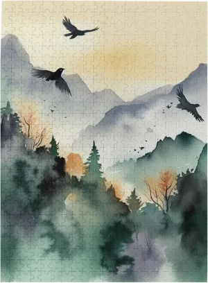 for Family, Birthday, Wedding, Game Nights Gifts, 20.4"x15 500 Piece Jigsaw Puzzle for Adults membrane Personalized Picture Puzzle Mountain Birds Watercolor Customized Wooden Puzzle 