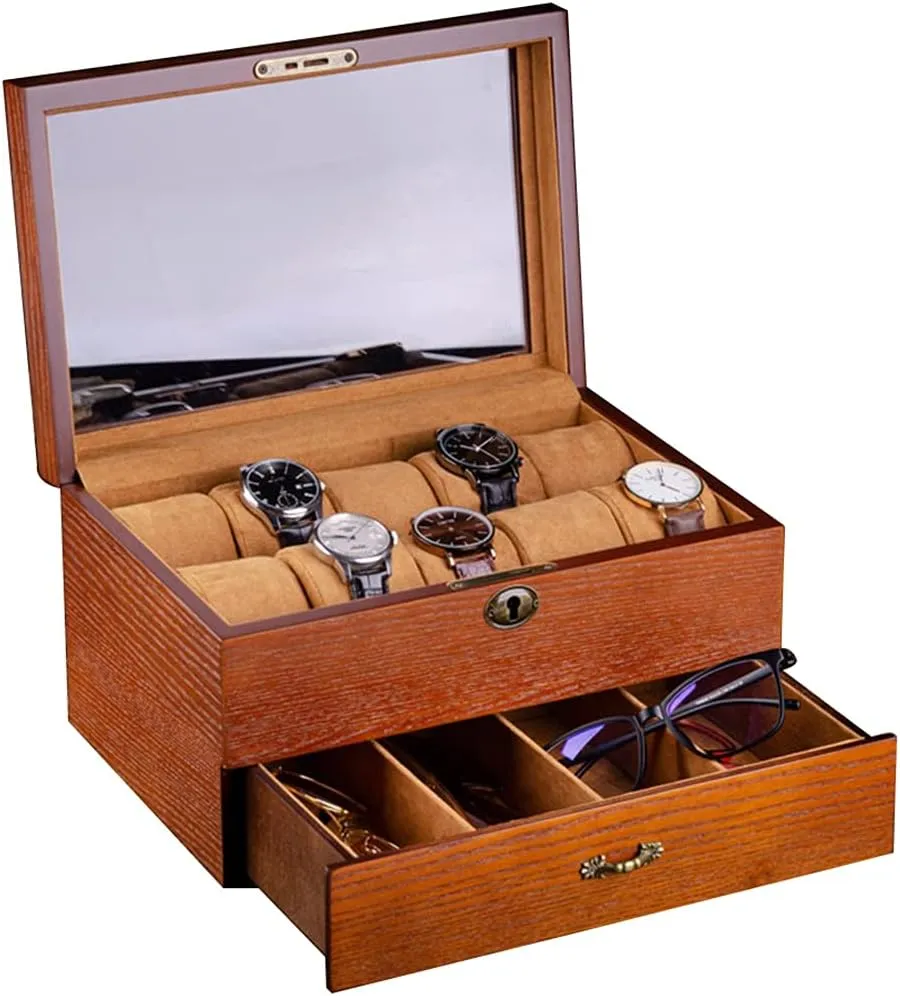 for Friends (Brownb 30��20.5��16.5cm) Watch Box Watch Storage reheat fast flexible irritate thermal Box Wooden Multifunctional Large-Capacity with Lock Watch Storage Cabinet with Glass Lid Birthday Gift 