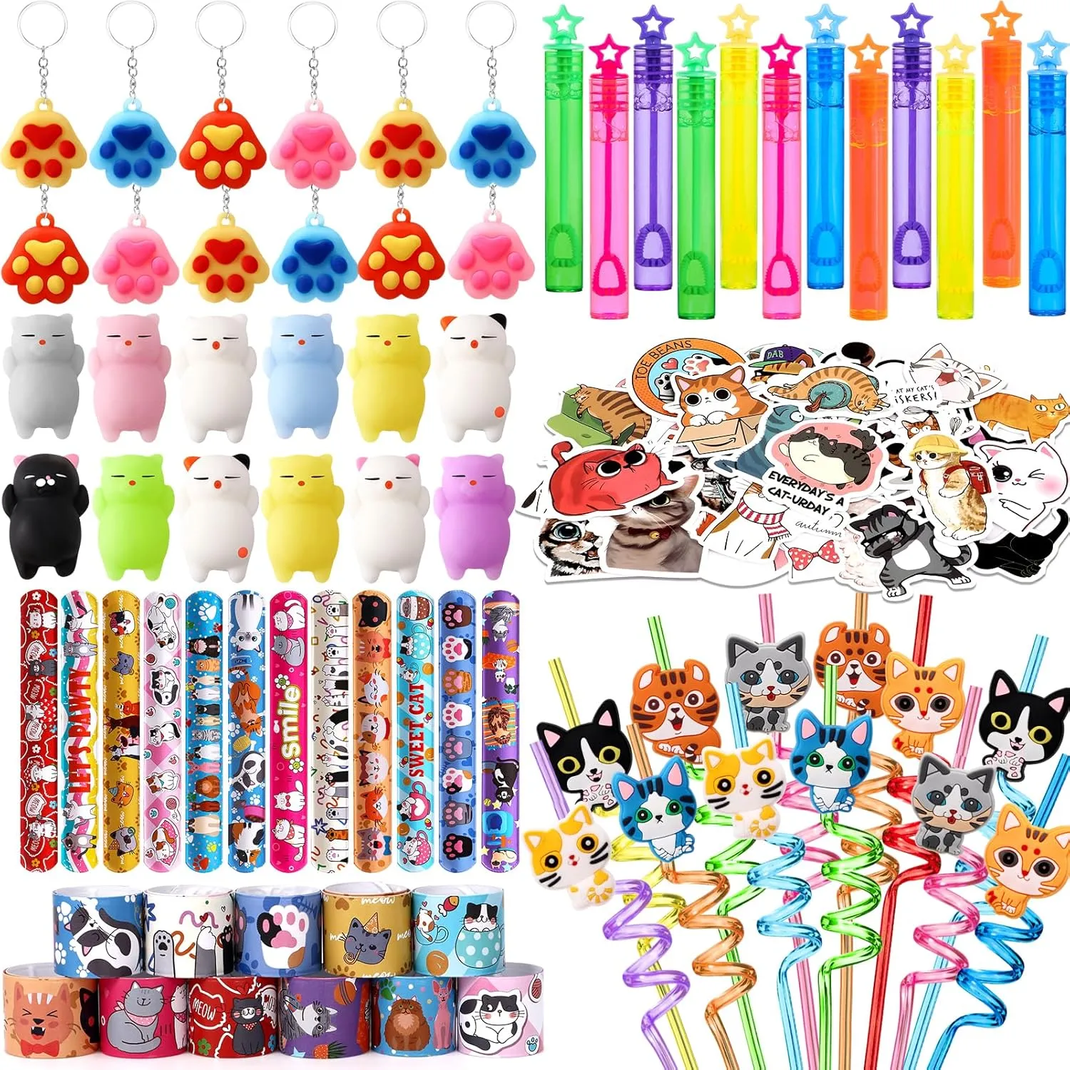 for Girls, Straws Squishy Toy Mini Bubble Wand Paw Print undergraduate Keychain Slap Bracelet Sticker, Classroom Prize Goodie Bag Stuffer Kid Cat Themed Party Supply Decor Winrayk Cat Party Favors Birthday Supplies 