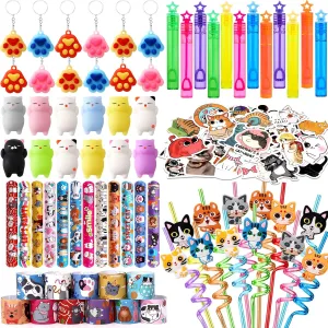 for Girls, Straws Squishy Toy Mini Bubble Wand Paw Print undergraduate Keychain Slap Bracelet Sticker, Classroom Prize Goodie Bag Stuffer Kid Cat Themed Party Supply Decor Winrayk Cat Party Favors Birthday Supplies 