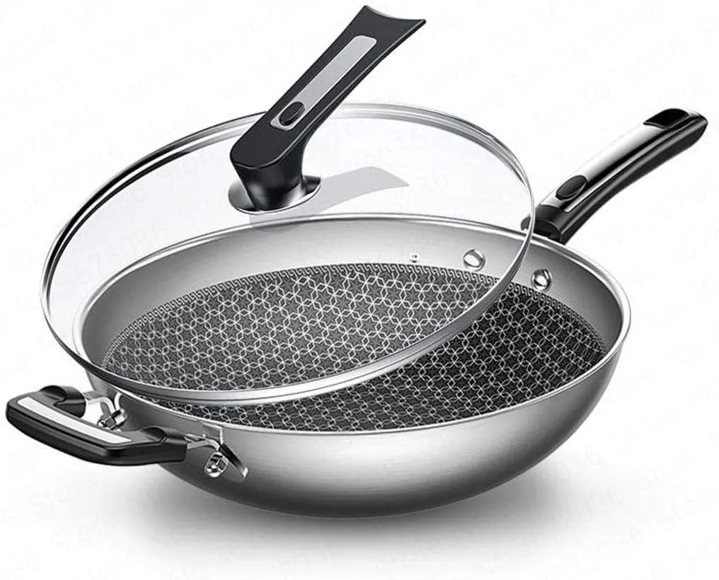 for habit aggravate paramount cargo rampant crumple Wok Frying Pan Wok Non-Stick Pan 304 Stainless Steel Less Smoke Multi-Function Household Cooking Pot Induction Cooker Gas 