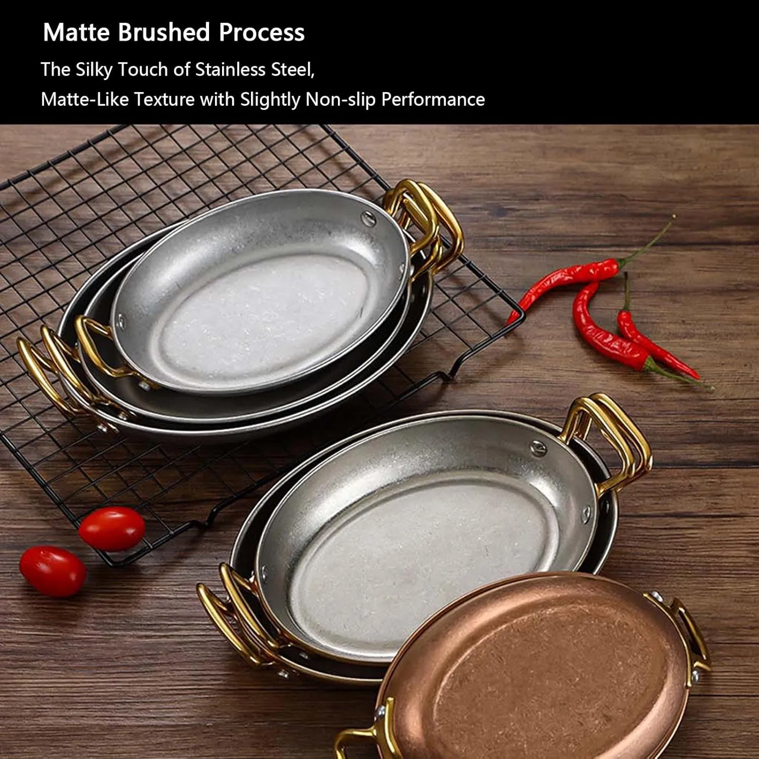 for Home invasive Kitchen Restaurants,Retro Gold 304 Stainless Steel Spanish Paella Pan, Oval Non Stick Paella Pan Cookware with Dual Riveted Handles 
