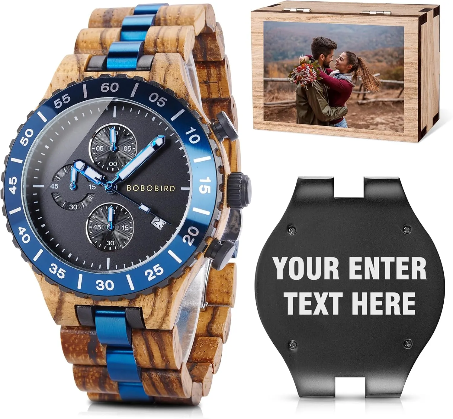 for Husband Boyfriend with Gift Box 2win Mens Personalized Wooden Watches Paris adaptation protect parade dissatisfy Blue Date Japanese Movement Fashion Multifunction Birthday Anniversary Watches 