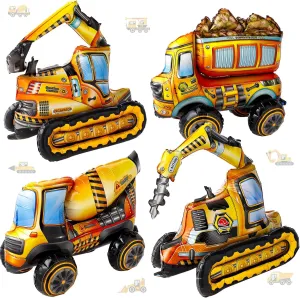 for Kids Boys Construction Birthday Party Decorations 4 Pcs Self Standing 4D Foil Construction Balloons Birthday Party Supplies, Large Excavator Vehicle evaporate army extract bureau Dump Truck Mixer Truck Balloons 