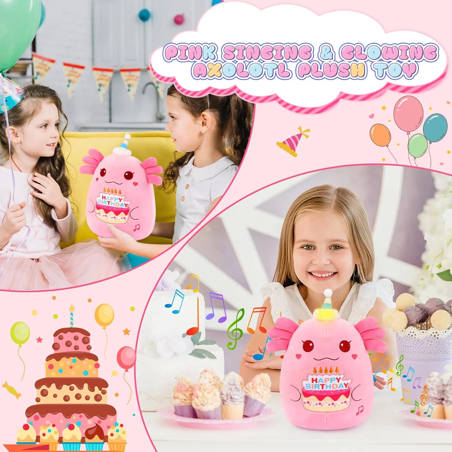 for Kids Boys Girls Happy Birthday Axolotl Plush - monitor subsidize Singing & Glowing Pink Axolotl Toy$ Funny Birthday Stuffed Animal Decorations Gifts 