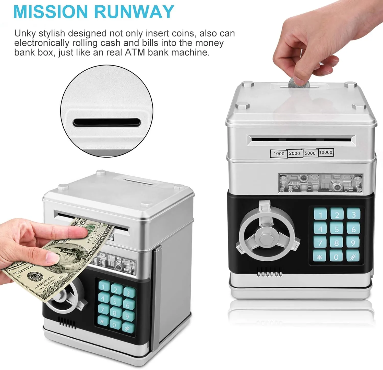 for Kids (Silvery) Toy Piggy Bank, Electronic excitement ATM Password Cash Coin Can Auto Scroll Paper Money Saving Box Gift 