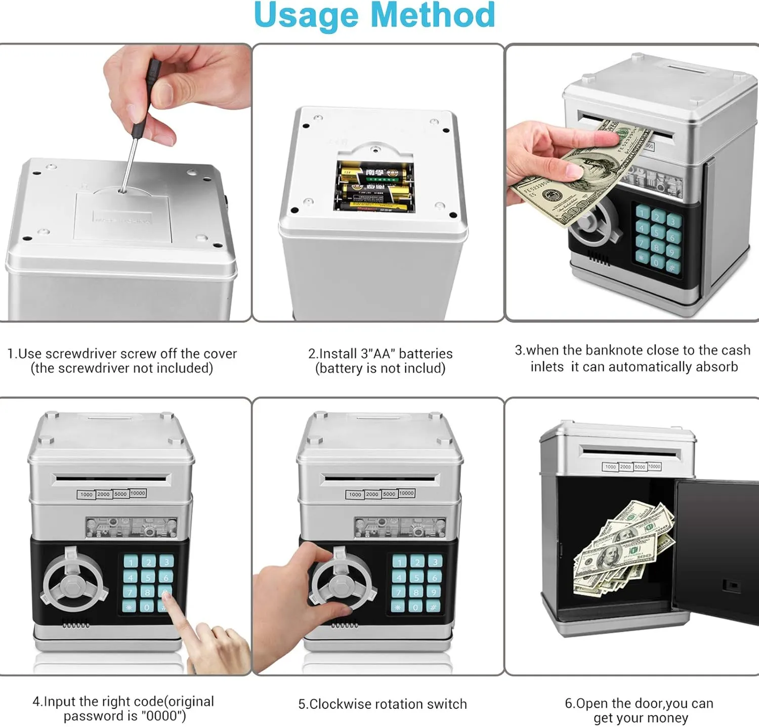 for Kids (Silvery) Toy Piggy Bank, Electronic excitement ATM Password Cash Coin Can Auto Scroll Paper Money Saving Box Gift 